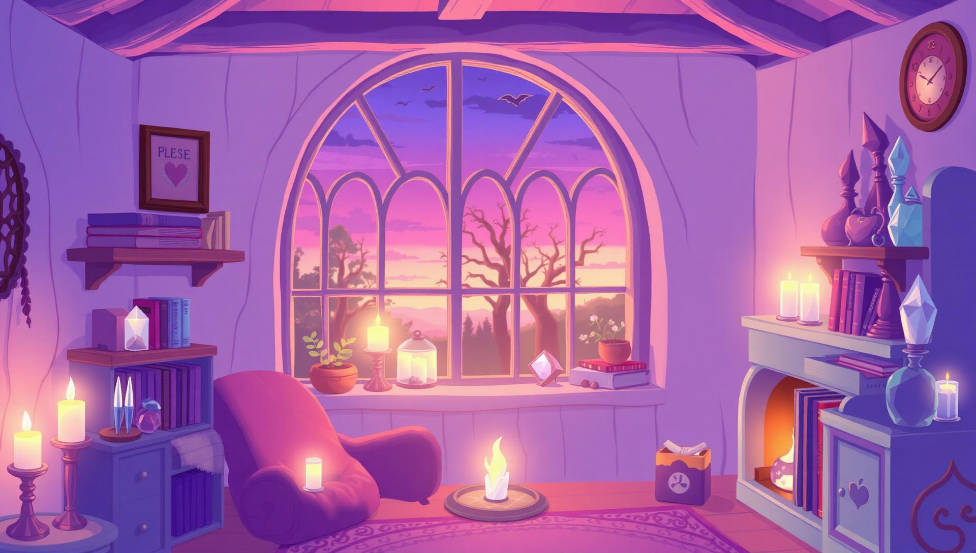 Pastel witch cottage interior — VTuber background scene